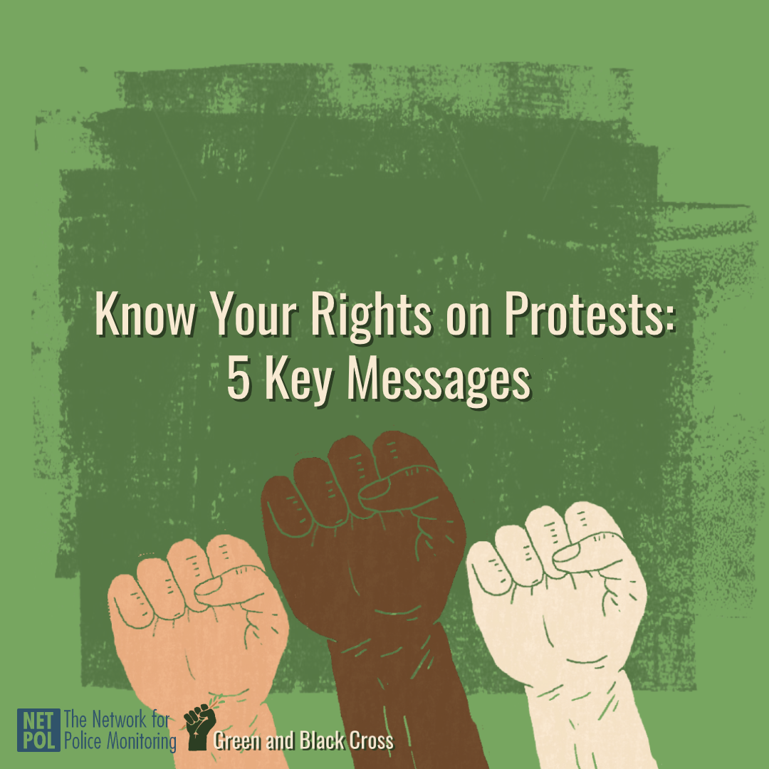 "Know Your Rights on Protests: 5 Key Messages" and raised fists of different skin tones