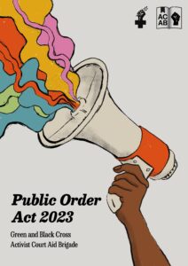 Image showing a dark skinned hand holding up a megaphone with a rainbow billowing out from the end of it, and the title Public Order Act 2023 with the groups Green and Black Cross and Activist Court Aid Brigade that cocreated the guide